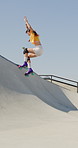 Park, rollerskate and friends with outdoor skating, hobby or cardio for technique or skill. Fun, ramp and people with jump, practice or tricks for extreme sport, fitness or balance on weekend