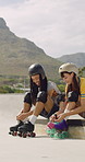 Happy, rollerskate and friends with lace outdoor for skating, hobby and activity in summer. Park, skater and people prepare with equipment for sports, practice skills and training on weekend together