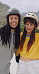 Face, skater and couple with helmet in city, laughing and bonding with protection for rollerblading. Happy, hug and interracial people with knee pads for safety, fitness or extreme sport at skatepark
