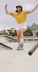 Rollerskate, happy and woman outdoor for skating, hobby or cardio with safety gear. Skatepark, ramp and skater jumping, practice or tricks for fitness, recreation or balance with helmet on weekend