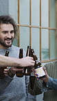 Reunion, cheers or friends outdoor with beer, celebration or good time in weekend gathering. Happy, social or people in town with drinks toast, bonding or get together in healthy relationship.