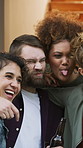 Selfie, playful or friends outdoor with beer, reunion celebration or good time in digital memory. Happy, tongue out or people with alcohol, fun get together or group picture for social media update.