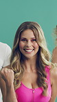 Happy woman, face and aerobics with coach in studio, cardio and retro style on green background. Person, smile and instructor in portrait with training, excited and fitness with group for wellness