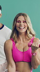 Happy woman, face and aerobics with dumbbells in studio, class or retro style on green background. Person, smile and instructor in portrait with training, excited and fitness with group for wellness