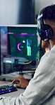 Gaming, headphones and teen with computer in home, entertainment and virtual competition on website. Gamer, screen and streaming esports with tech, connection and person with subscription in house
