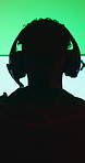 Start, headset and man with computer screen in gaming room, rpg website and digital world from back. Tech, home and person with begin battle for level progression, virtual contest or internet game 