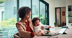 Remote work, mother and baby with crying at laptop for teething, development or career balance. Freelancer, tech or super mom with upset infant in home for attention, multitasking or playing with toy