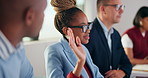 Woman, raised hand and team at office meeting for question, feedback or insight at insurance company. Business people, boardroom and gesture for discussion, review or answer at risk management agency