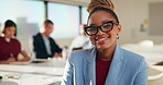 Happy, face and businesswoman with glasses, boardroom or wealth manager with pride for career growth. Corporate, financial advisor and person with smile for business development, laugh and leadership