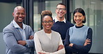 Team, crossed arms and face of business people in office for about us, collaboration and financial agency. Corporate, group and portrait of men and women for finance consultant, job and career