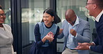 Team, applause and stack with hands of business people in office for success, solidarity and achievement. Support, smile and mission with employees in agency for celebration, agreement and goal