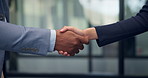 Corporate, business and hands of people with handshake for finance deal, merger and partnership. Office, collaboration and workers with agreement for financial venture, investment and negotiation