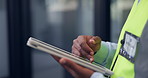Construction, scroll and hands of man on tablet for inspection, building assessment and report. Architecture, office and person on digital tech for compliance, renovation project and engineering plan