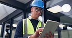 Construction, engineer and man on tablet in office for inspection, renovation idea and report. Architecture, scroll and person on tech for compliance, building assessment and property evaluation