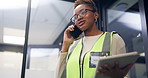 Woman, phone call and engineer in office with construction, tablet or review for real estate project. African person, technician or notes with tech, app or safety inspection for property development