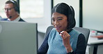 Call center, headset and happy woman with customer support, tech advice or communication. Web consultant, agent or person talking with smile for help desk, solution or online service on computer