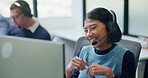 Call center, telecom and woman for communication, sales or talk of premium benefits on computer. Business agent, headset and discussion in office for customer review, feedback or insurance offer