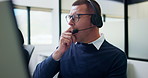 Man, headset and tired with yawn at call center with computer, exhausted and glasses at insurance company. Person, consultant and advisor with pc, voip mic and fatigue for at risk management agency
