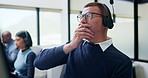 Man, headset and fatigue with yawn at call center with computer, exhausted and glasses at insurance company. Person, consultant and advisor with pc, voip mic and tired at risk management agency
