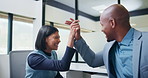 Business people, high five and success at office with team, smile and goals at insurance company. Happy woman, man and broker with celebration, excited and motivation with congratulations at agency
