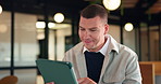 Man, tablet and typing at office with smile, thinking and proposal at property development company. Person, realtor or consultant with tech, application and review with feedback at real estate agency