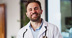 Smile, man and face of doctor in hospital with confidence for medical career with service. Face mask, professional and portrait of male healthcare worker with pride for about us at clinic in Germany.
