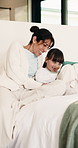 Tablet, game and mother with child on bed for education, learning and bonding together in home. Happy, relax and mom with girl kid for online gaming on digital technology in bedroom at house.
