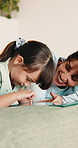 Smile, mom and child in home with tablet for online games, internet or streaming together. Family, virtual app and woman with girl on digital tech for entertainment, videos and bonding on weekend