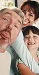 Selfie, silly face and family in home for social media post, memory and bonding. Love, photography pov and profile picture with parents and girl in house for connection, humor and funny or goofy joke