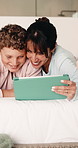 Tablet, mother and hug kid for care, relax together or well done for learning with parent in bedroom. Tech, happy mom and embrace boy at home, talk and support with quiz answer for educational game