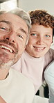 Selfie, face and family in home for social media post, memory and bonding. Love, photography pov and silly profile picture with parents and boy in house for connection, humor and funny or goofy joke