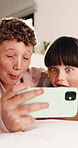 Funny face, children and selfie on bed in home, hug and social media update with siblings together. Happy kids, photography and picture in bedroom, brother and sister with goofy memory in morning