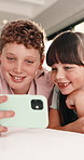 Bonding, children and selfie on bed in home, smile and social media update with siblings together. Happy kids, photography and picture in bedroom for care, brother and sister with memory in morning