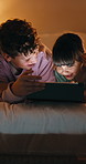 Night, siblings and laugh in bedroom with tablet for online streaming, humor or cartoons together. Family, home and boy with girl on tech for entertainment, comedy videos or bonding on weekend