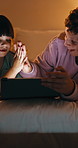 Night, siblings and high five in bedroom with tablet for online gaming, fun or celebration together. Family, home and boy with digital girl on tech for entertainment, score and bonding on weekend