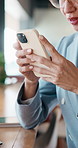 Businesswoman, hands and remote work in cafe with phone, typing text message and social media on break. Contract worker, person and scroll in restaurant with tech, email notification and online chat.