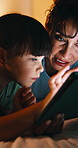 Night, mom and girl in bedroom with tablet for online streaming, internet or cartoons together. Family, home and mother with child on digital tech for entertainment, videos and bonding on weekend