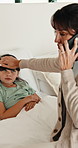 Sick, mother or girl in bedroom with phone call, telehealth or concern with flu symptoms. Worry, advice or family in home with forehead check, online consultation or monitoring in illness assessment.