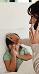 Sick, mom or child in bedroom with phone call, telehealth or concern with flu symptoms. Worry, advice or family in house with forehead check, online consultation or monitoring in illness assessment.
