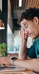 Laptop, headache and man in cafe for online learning, typing or assignment deadline with glasses. Tired, pressure and student with eye strain, migraine or stress for virtual test or college course