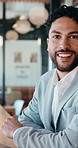 Face, businessman and remote work in cafe with laptop, planning and pride for financial management. Happy, person and contract worker in restaurant with computer, email and finance administration.