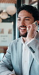 Businessman, talk and remote work in cafe with phone call, plan and advice for financial management. Happy, person and discussion in restaurant with tech, contact or update for finance administration