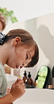 Child, oral hygiene and brushing teeth in home for health, dental wellness or plaque removal. Toothbrush, clean mouth and girl in bathroom for gum care, morning habit and fresh breath for development