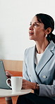 Remote work, talking or woman on laptop in cafe for friendly interaction, scheduling or email. Virtual assistant, mature person or tech with chat in restaurant for calendar update, freelance or admin