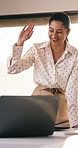 Meeting, high five or woman with celebration at law firm, investigation success or evidence for trial. Laughing, winning and lawyer team with testimony for case defense, laptop and happy for proof