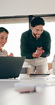 Applause, boardroom and meeting with business people in office together for financial success. Clapping, computer and documents with finance team in workplace for achievement or congratulations