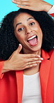 Emotions, expression and face of woman in studio for change, gesture or transformation. Different, emoji and silly with excited person on blue background for emotional switch or facial variation
