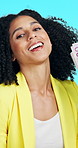 Face, businesswoman and fan in studio with money, lottery prize winner and pride for financial wealth. Happy, person and giveaway win with euro cash, savings or competition reward on blue background.