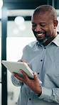 Tablet, typing and black man in office with research on stock market for finance investment update. Digital technology, professional and mature male financial manager with email for revenue growth.