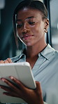 Review, business or black woman with tablet in office, asset valuation or research for economic trends. Smile, tech or investment analyst with cash flow evaluation, income report or profit projection
